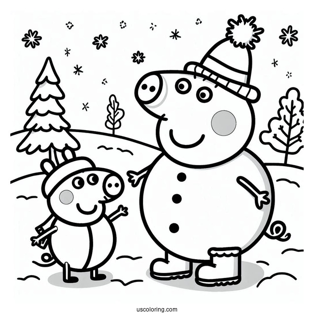 Peppa And George With Snowman Coloring Sheet
