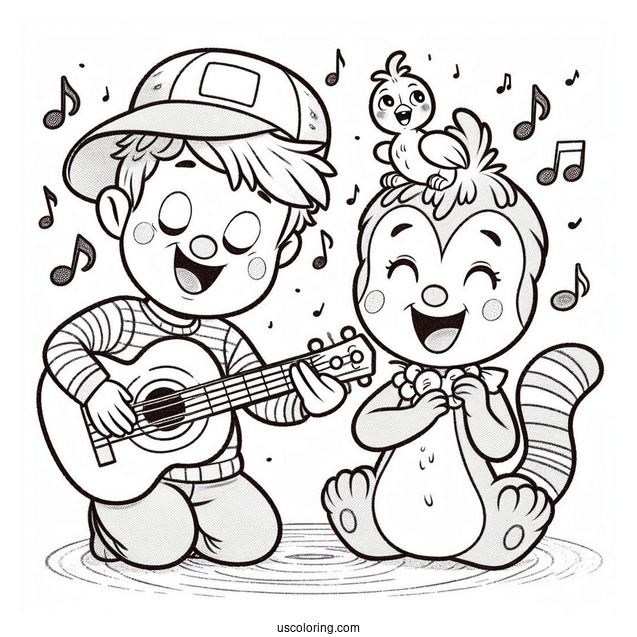 Sing Coloring Page Of Johnny And Ash Playing Music For Preschoolers
