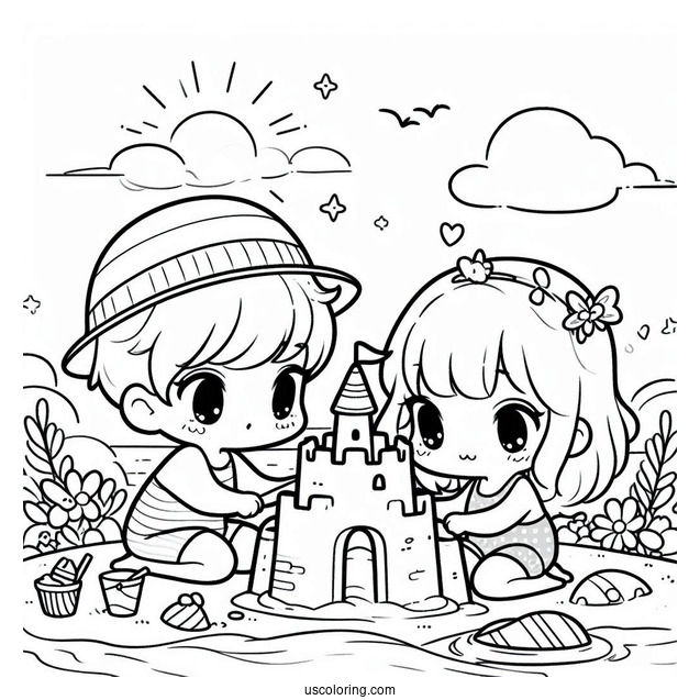 Summer Coloring Page Of Cute Chibi Children Making A Sandcastle For Kids