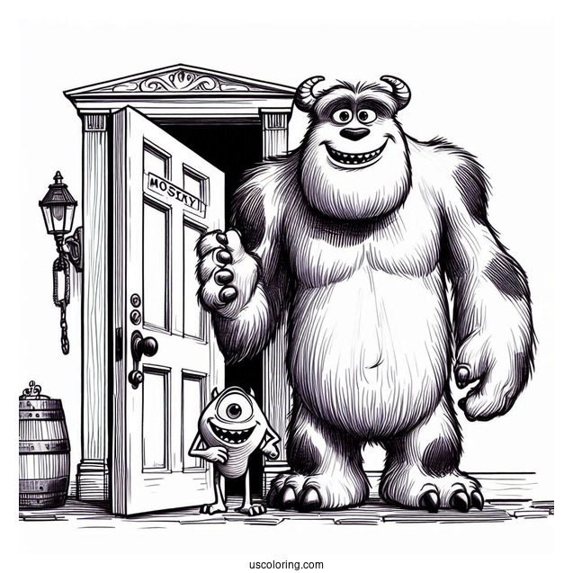 Pixar Coloring Page of Sully And Mike In Front Of Door Mosnter s Inc