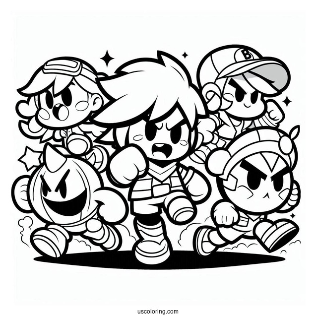 Brawl Stars Coloring Page Of Shelly, Spike, Pam, Piper, Rico, And Crow In A Brawl