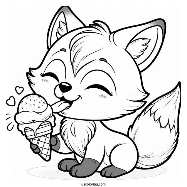 Baby Fox Coloring Page Licking An Ice Cream For Preschoolers