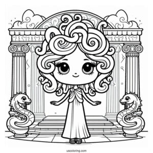 Cute Cartoon Medusa Coloring Page Standing Inside Temple