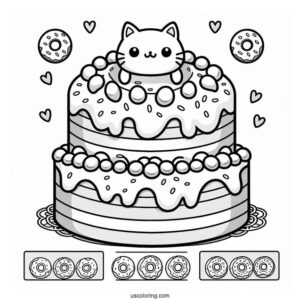 Cute Two-Layered Donut Cake With Cat Topper Coloring In