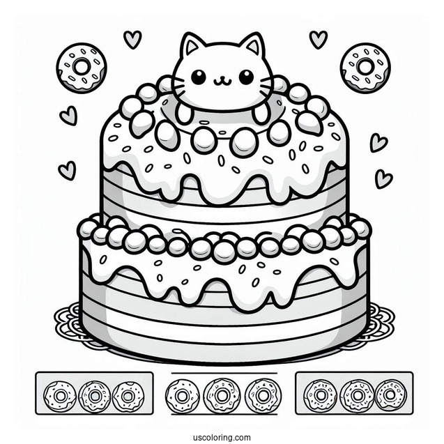 Cute Two-Layered Donut Cake With Cat Topper Coloring In