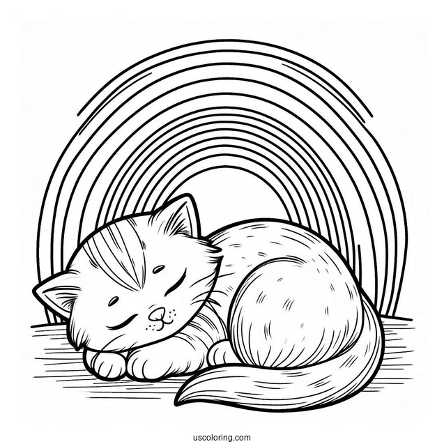 Kitten Sleeping On Top Of A Rainbow Coloring Page For Kids
