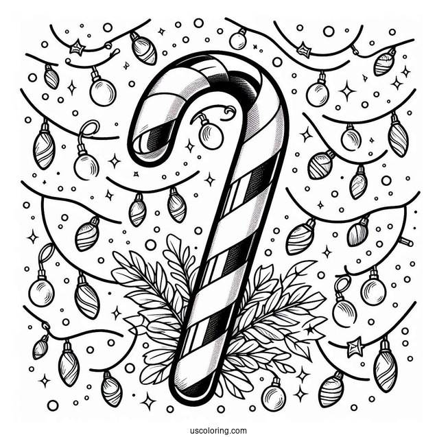 Easy Candy Cane Coloring Page Surrounded By Christmas Lights