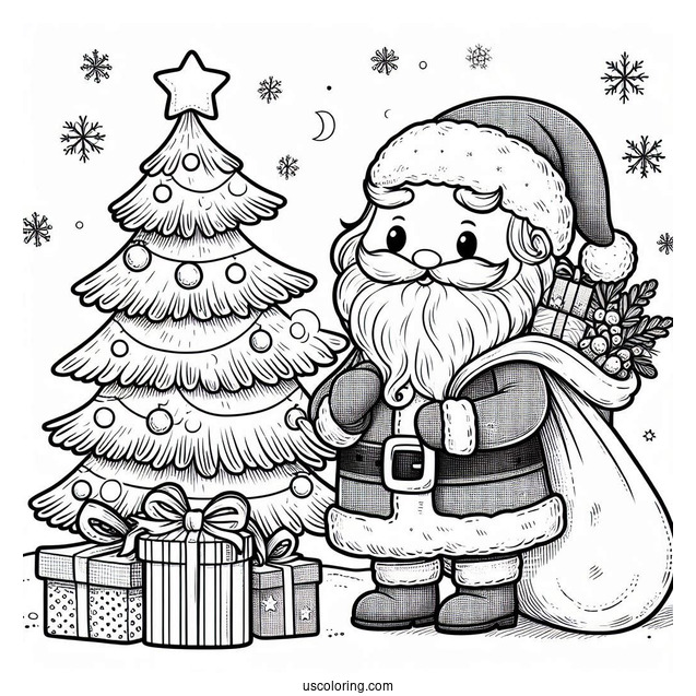 Santa With Sack Of Presents Next To Christmas Tree