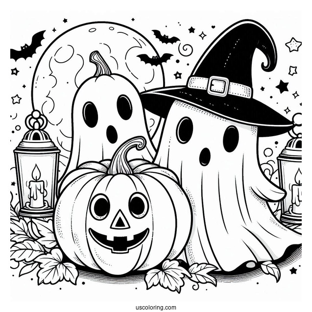 Ghost Pumpkin Coloring Page With Cape And Witch Hat Holding A Lantern