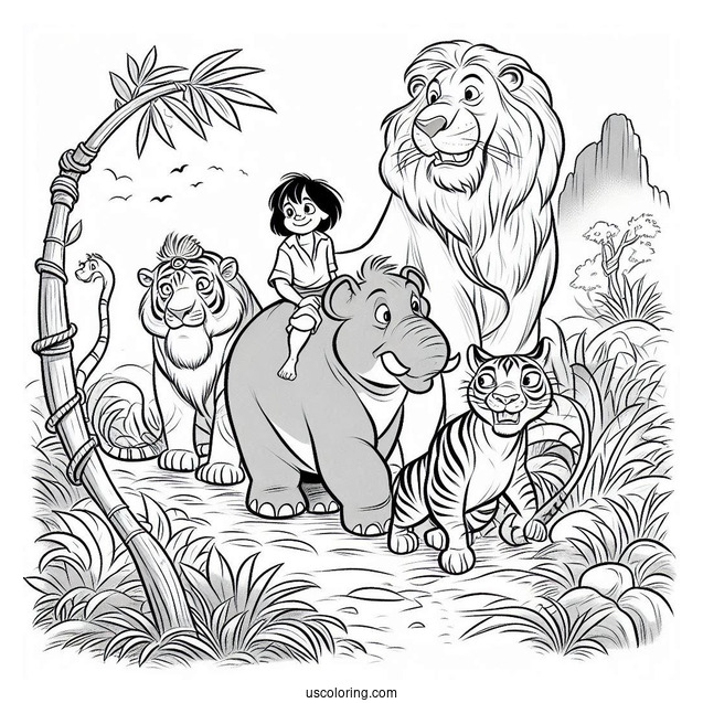 Jungle Book Coloring Page Of Mowgli, Baloo, King Louie, Shere Khan, And Kaa