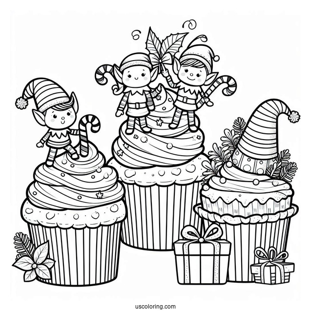 Christmas Themed Cupcake With Elves To Color