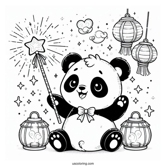 Panda Coloring Page with Sparkling Wand and Floating Lanterns For Kids