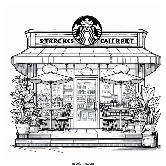 Starbucks Coloring Page Of Cafe With Potted Plants