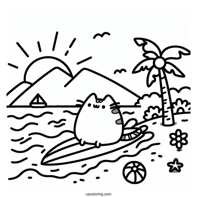 Pusheen Surfing At The Beach