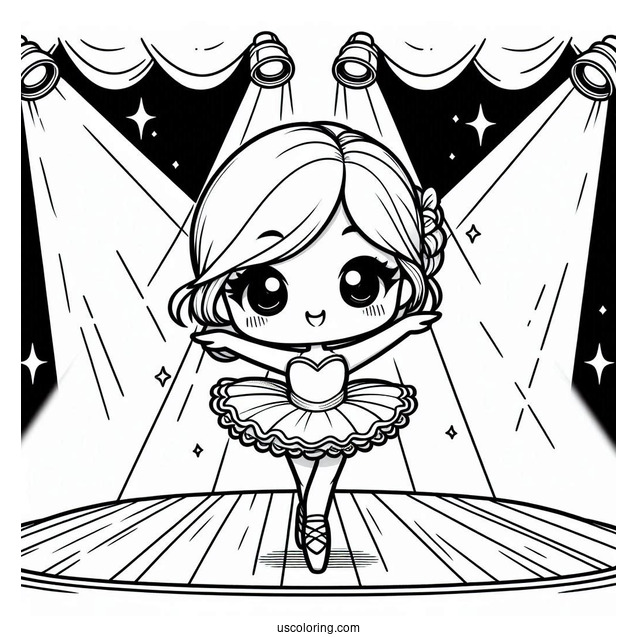 Chibi Coloring Page Ballerina Dancing on Stage Under a Spotlight For Kids