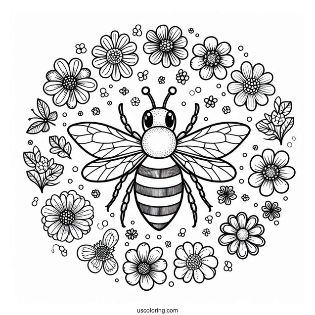 Top View of Bee Coloring Page Surrounded By Flowers