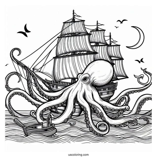 Giant Kraken Octopus Coloring Page Capturing Ship