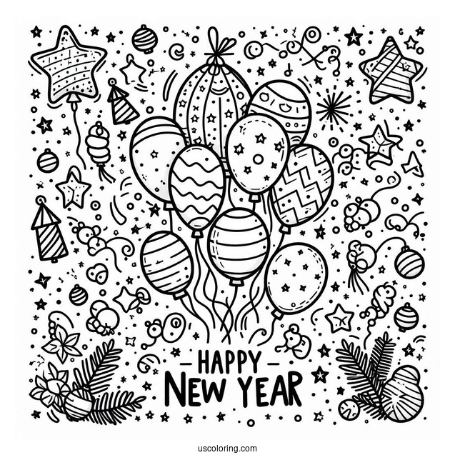 Happy New Year Coloring Page Of Balloons, Stars, And Confetti