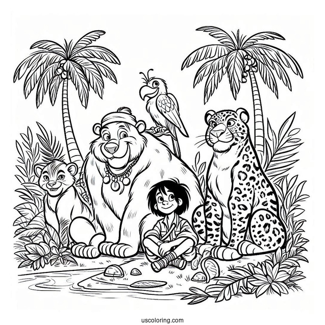 Jungle Book Coloring Page Of Baloo, Mowgli, Kaa, King Louie, And Bagheera