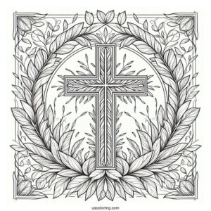 Fantasy Cross Coloring Page Framed With Lovely Leaves