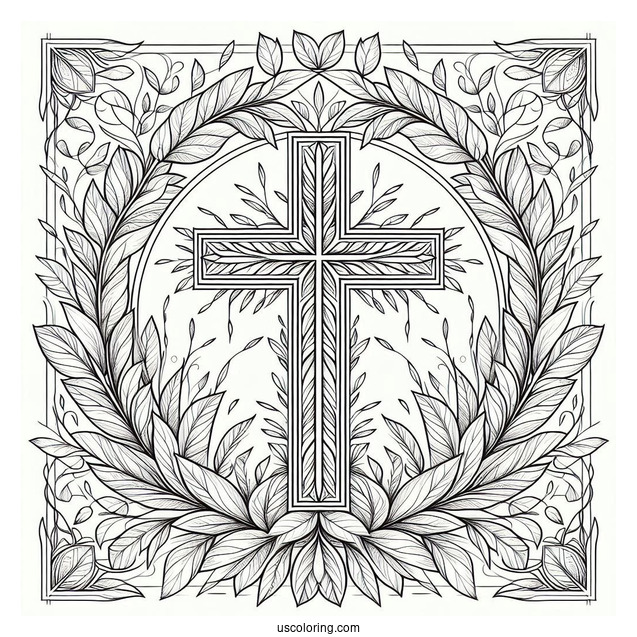 Fantasy Cross Coloring Page Framed With Lovely Leaves