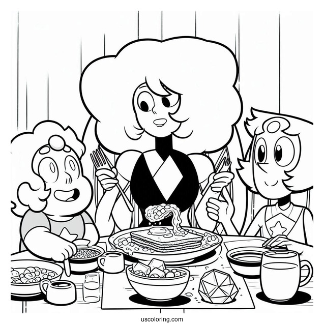 Steven Universe Coloring Page Of Having Breakfast With Pearl, Garnet, And Amethyst