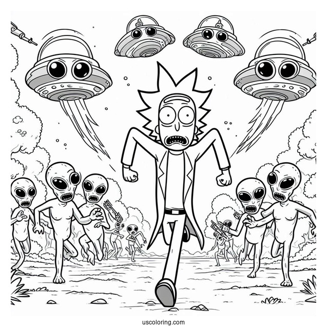 Rick And Morty Running From Aliens Coloring Page