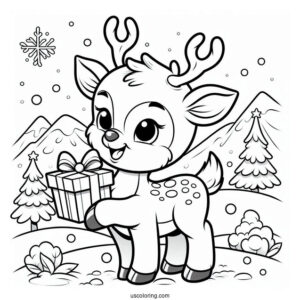 Happy Reindeer Holding a Christmas Gift To Color