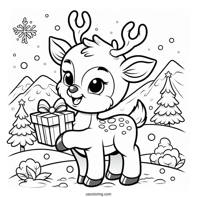 Happy Reindeer Holding a Christmas Gift To Color