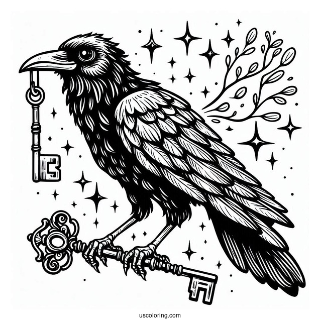 Easy Raven Coloring Page Carrying A Shiny Key For Kids