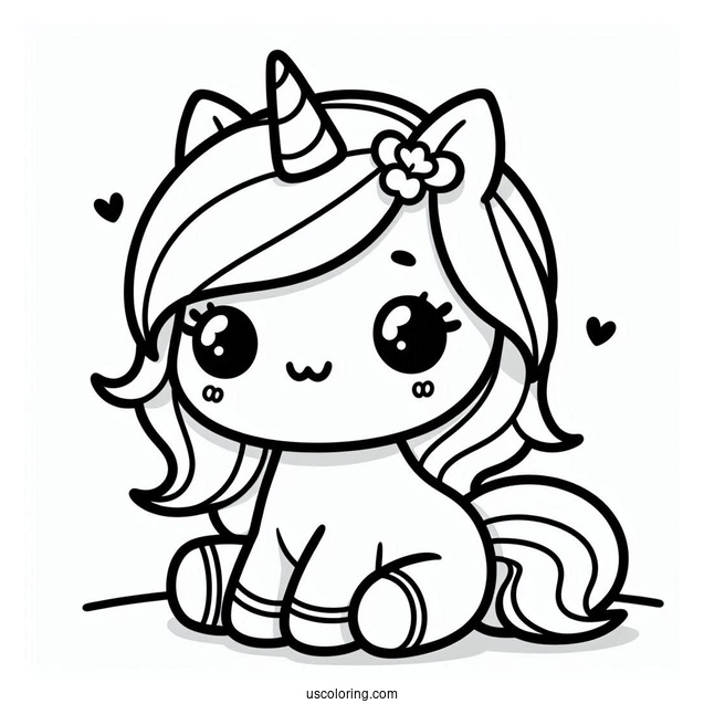 Easy Kawaii Unicorn Sitting Coloring Page For Kids