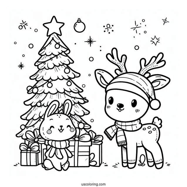 Cute Reindeer And Bunny With Christmas Tree