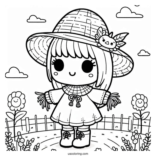 Kawaii Little Scarecrow Coloring Page On A Farm Field For Kids