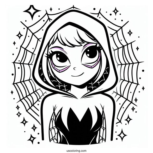 Easy Outline Of Spider-Gwen Coloring Page At Night For Preschoolers