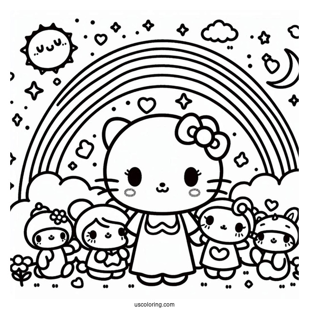 Sanrio Coloring Pages Of Friends In Front Of Rainbow