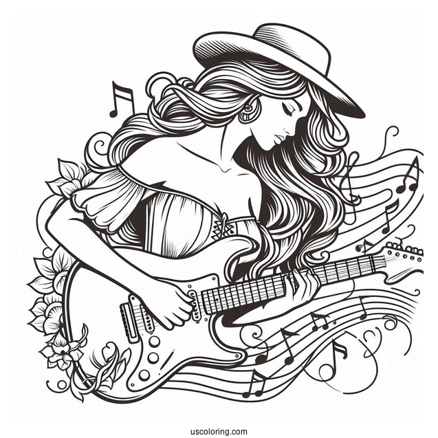 Music Coloring Page Of Woman In Hat Playing Electric Guitar