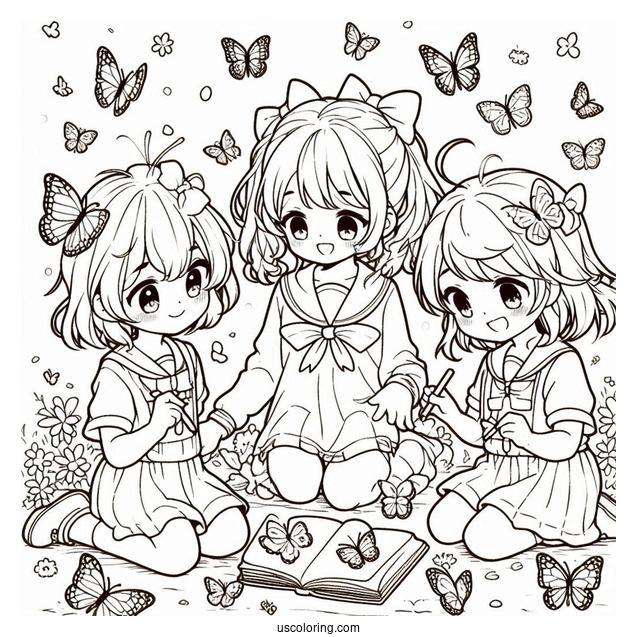 Three Children Enjoying The Butterflies