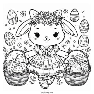 Beautiful Easter Coloring Page Of Bunny In A Dress With A Basket Full Of Eggs