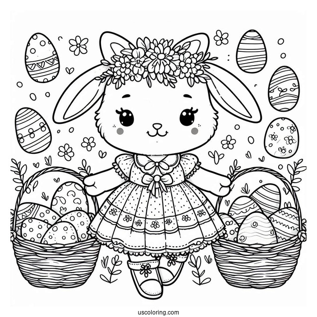 Beautiful Easter Coloring Page Of Bunny In A Dress With A Basket Full Of Eggs