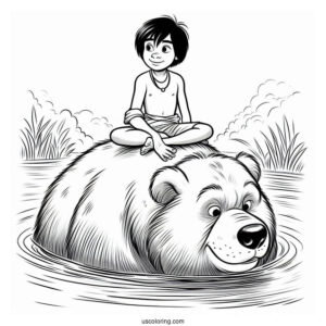 Jungle Book Coloring Page Of Mowgli Sitting On Top of Baloo While Floating In Water