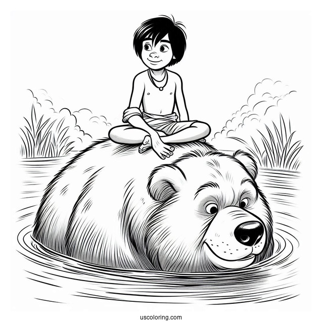 Jungle Book Coloring Page Of Mowgli Sitting On Top of Baloo While Floating In Water