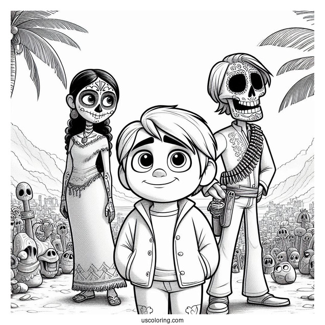 Pixar Coloring Page of Hector, Coco, And Dante In The Land Of The Dead