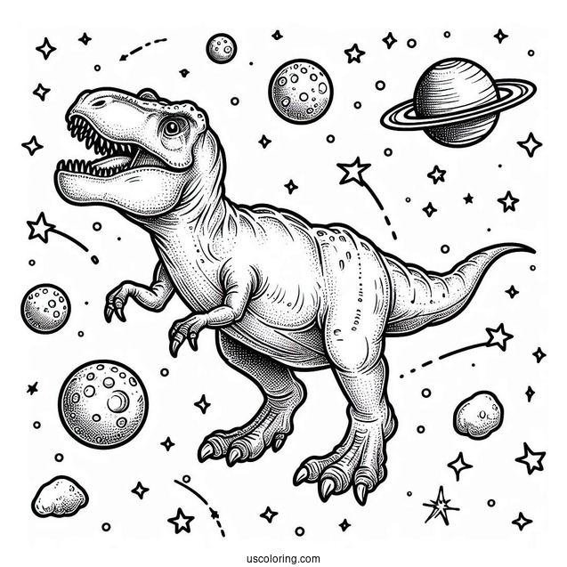 Easy To Color T-Rex Dinosaur With Astroids
