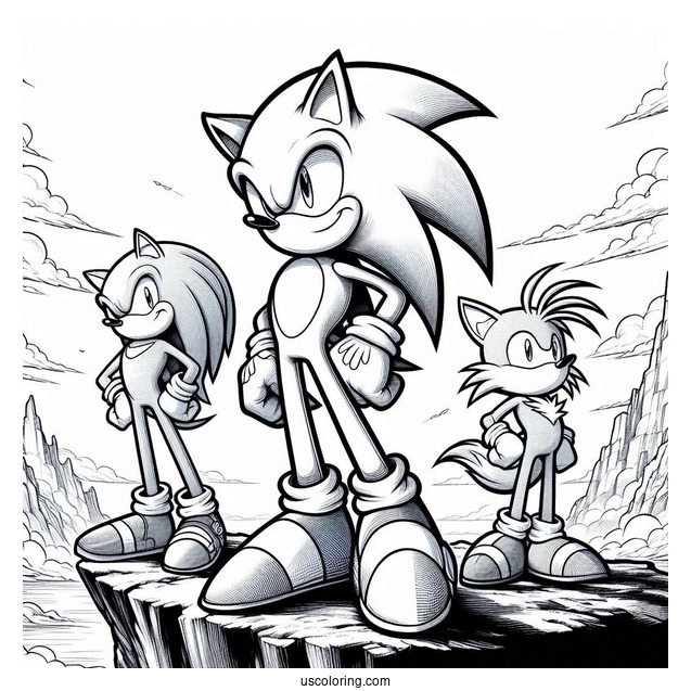 Detailed Sonic,, Knuckles, And Tails Coloring Page Standing On Cliff