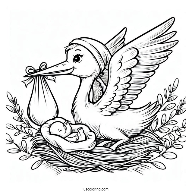 Stork Delivering A Baby Coloring Page