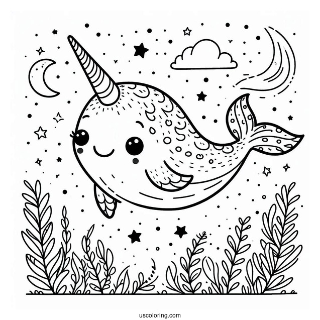 Cute Narwhal Coloring Page Flying In The Night Sky