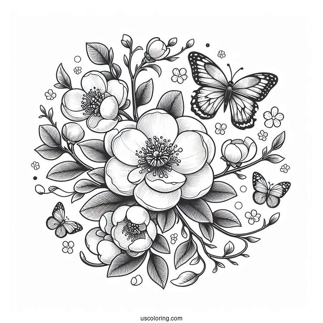 Flower Coloring Pages Of Quince With Butterflies In A Ring
