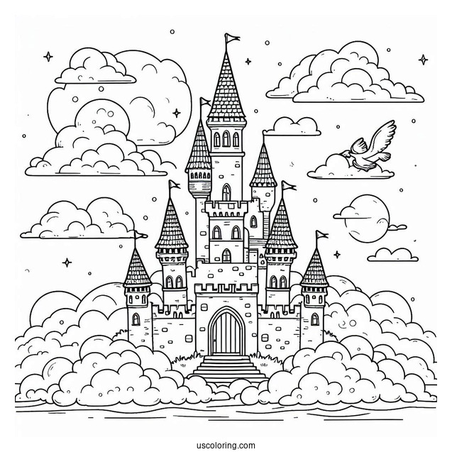 Cute Castle Coloring Page In The Clouds For Kids