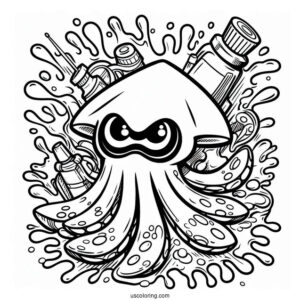 Splatoon Coloring Page Of Squid And Ink Splatter Poster