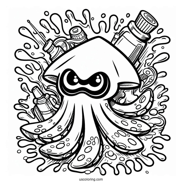Splatoon Coloring Page Of Squid And Ink Splatter Poster